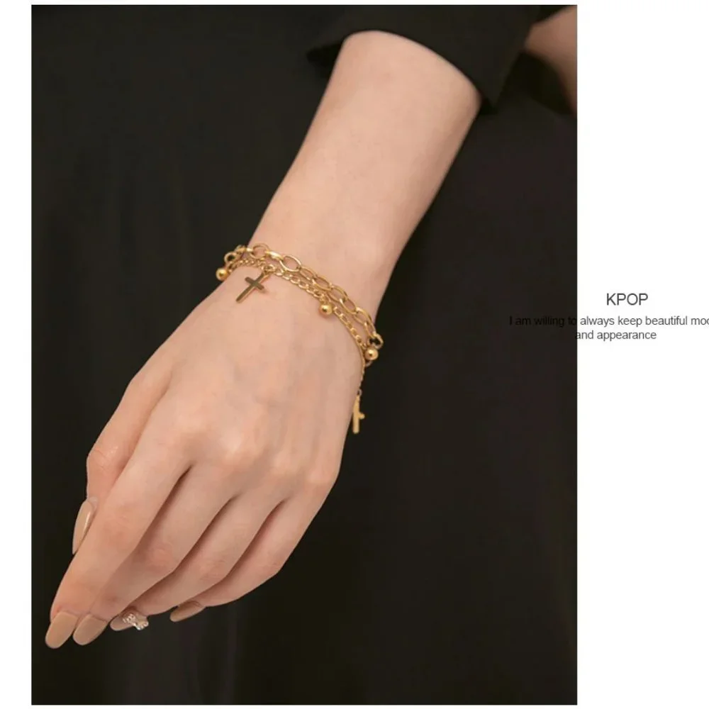 NEW 18K Gold Plated Cross Bead Link Chain Double Layer Bracelet